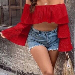 PrettyLittleThing Orange Ruffle Sz 12 Hem Off Shoulder Long Sleeve Top